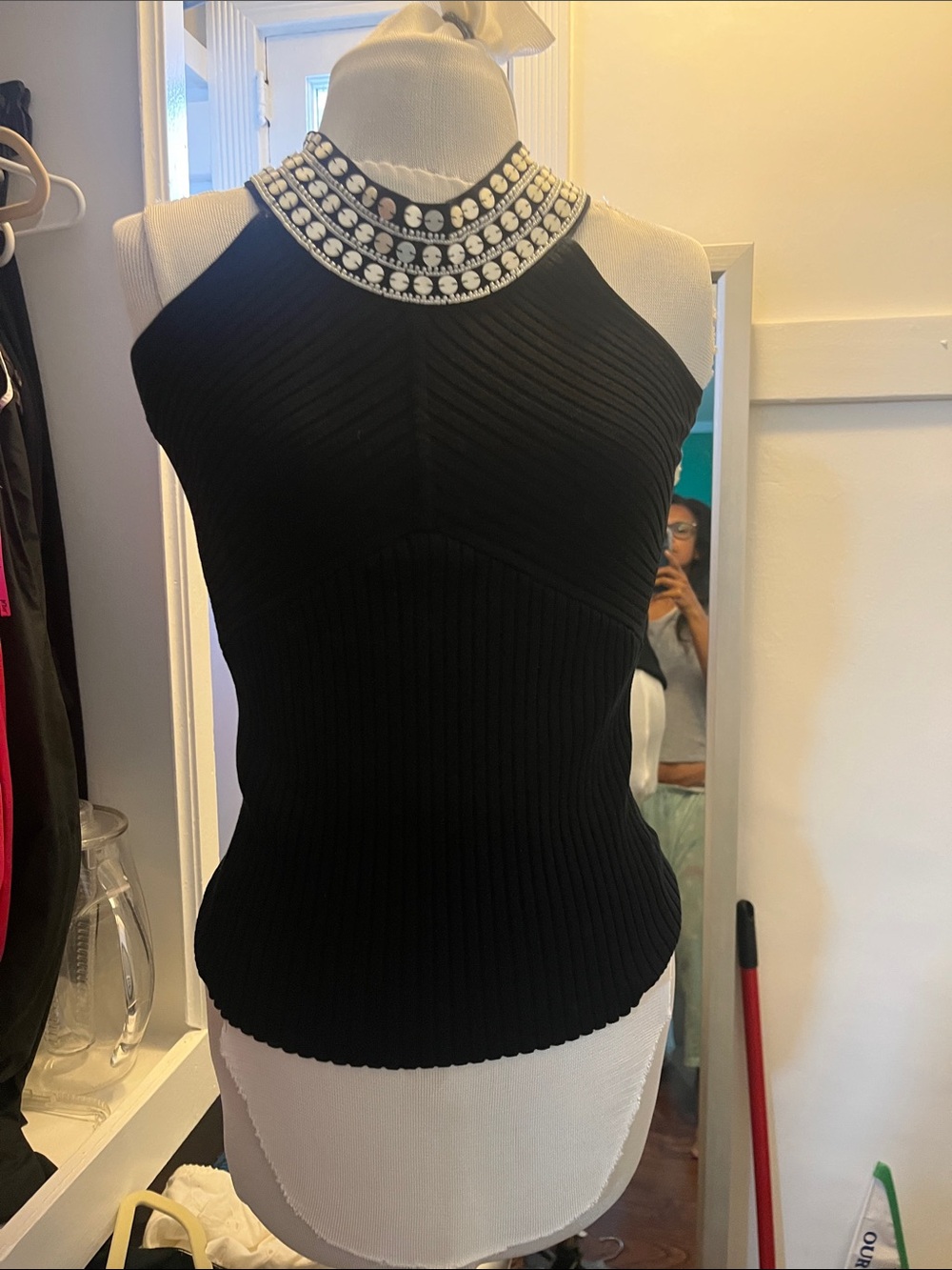 White House Black Market Black Ribbed Halter Tank with Beaded Neckline
